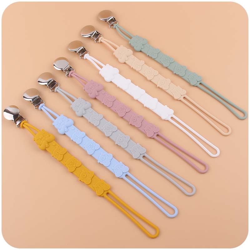 Nuevo bebé suministros ronda clip de chupete de hierro calmante bebé oso suave Cadena de chupete de silicona cadena anti-gota