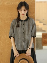 韩系复古文艺甜美气质上衣女夏季新款黑白格纹衬衫小翻领别致小衫