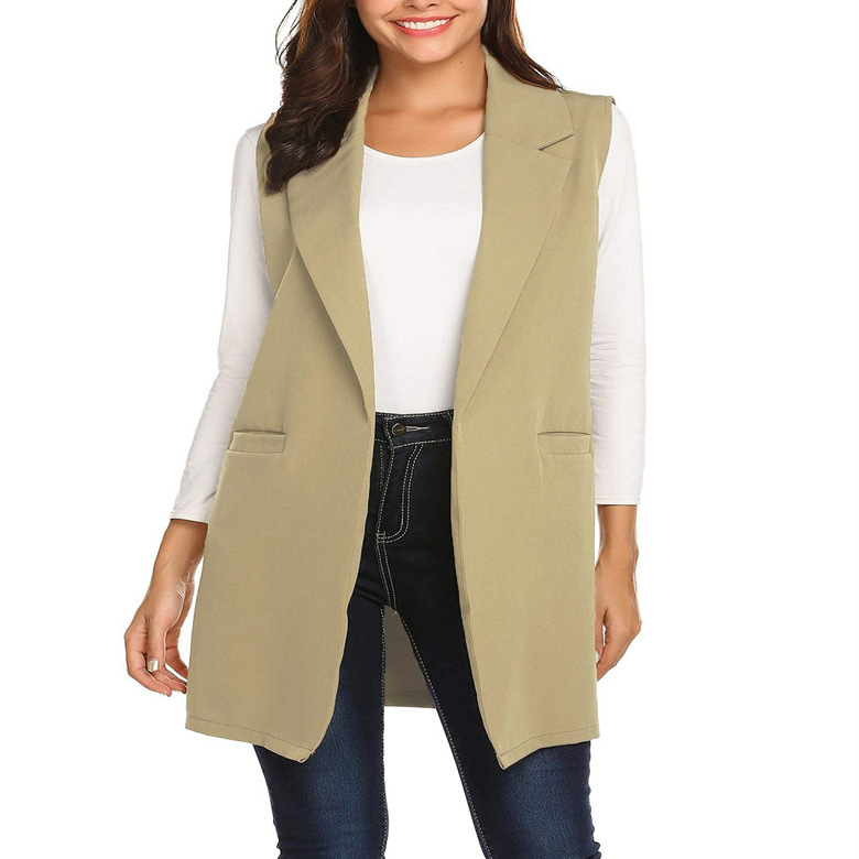 2022 europeo y americano transfronterizo verano elegante nueva ropa de mujer color sólido todo partido solapa sin hebilla cardigan traje largo chaleco