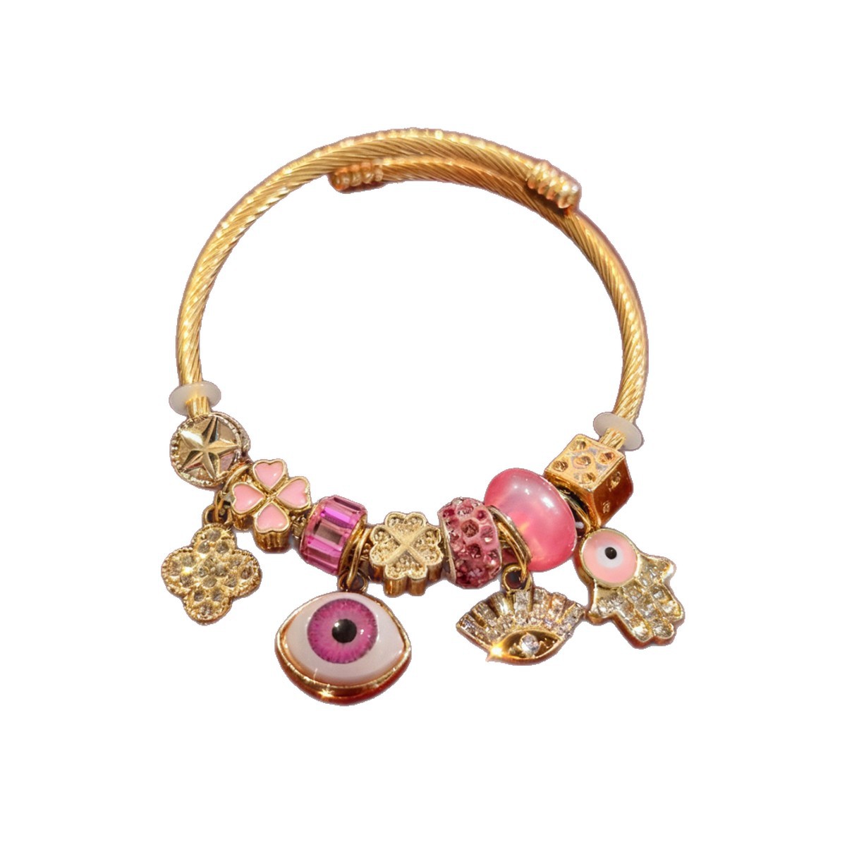 Brote transfronteriza Pan familia pulsera de acero inoxidable diamante rosa ojo del diablo mano de Dios joyas de color de hierba de cuatro hojas