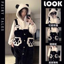 可爱熊猫连帽珊瑚绒睡衣女秋冬季加绒加厚保暖法兰绒长款冬天睡袍