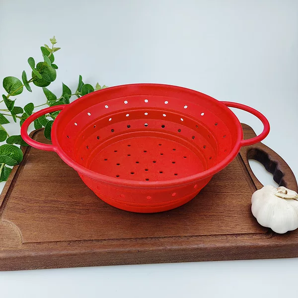 In-Stock Cross-Border Silicone Collapsible Water-Draining Basket, Round Expandable Outdoor Camping Kitchen Fruit Draining Tray, Vegetable Basket, Water-Draining Tool