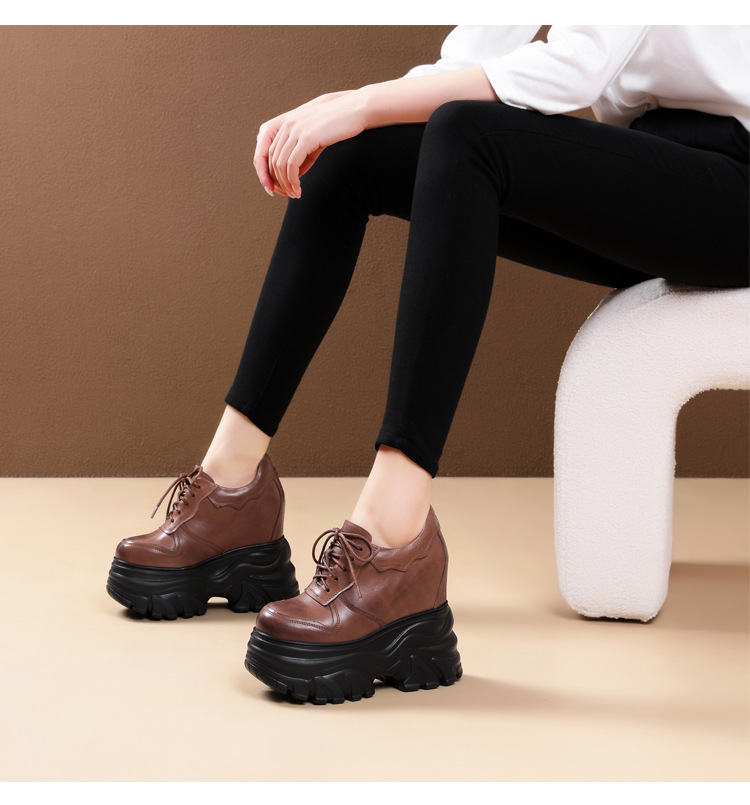 Giày thể thao nữ đế xuồng platform cao 14 cm, da thật, phong cách mới — màu nâu chi tiết 13