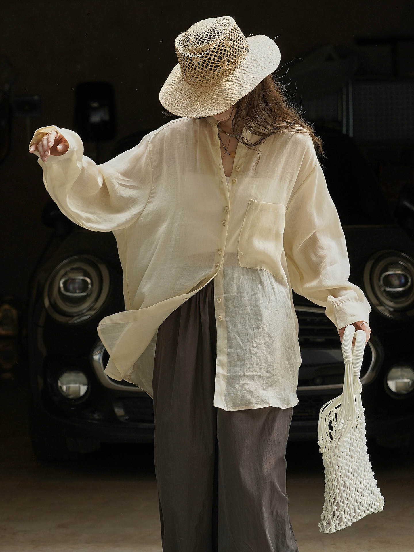 Xuman Summer New Paris Old Money Style Hazy See-Through Ramie Shirt Cool, Breathable, Comfortable and Dry Top for Women