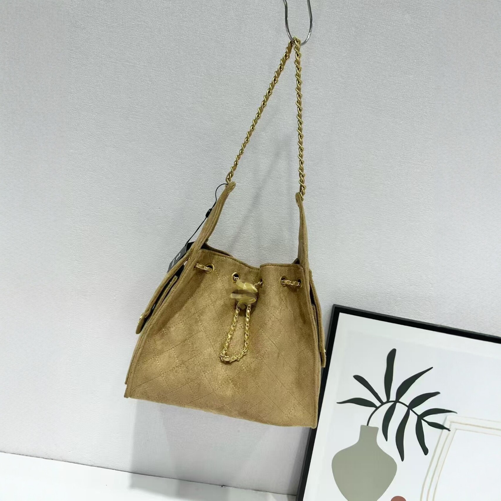 25bag New Suede Quilted Chain Bucket Bag For Women Drawstring Shoulder Crossbody Bag Fashion Retro Underarm Bag - Thumbnail 2