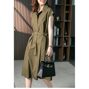 2025 Summer Literary Casual Loose Plus Size Women's Solid Color Waist Slimming Shirt Dress Mid-Length Dress