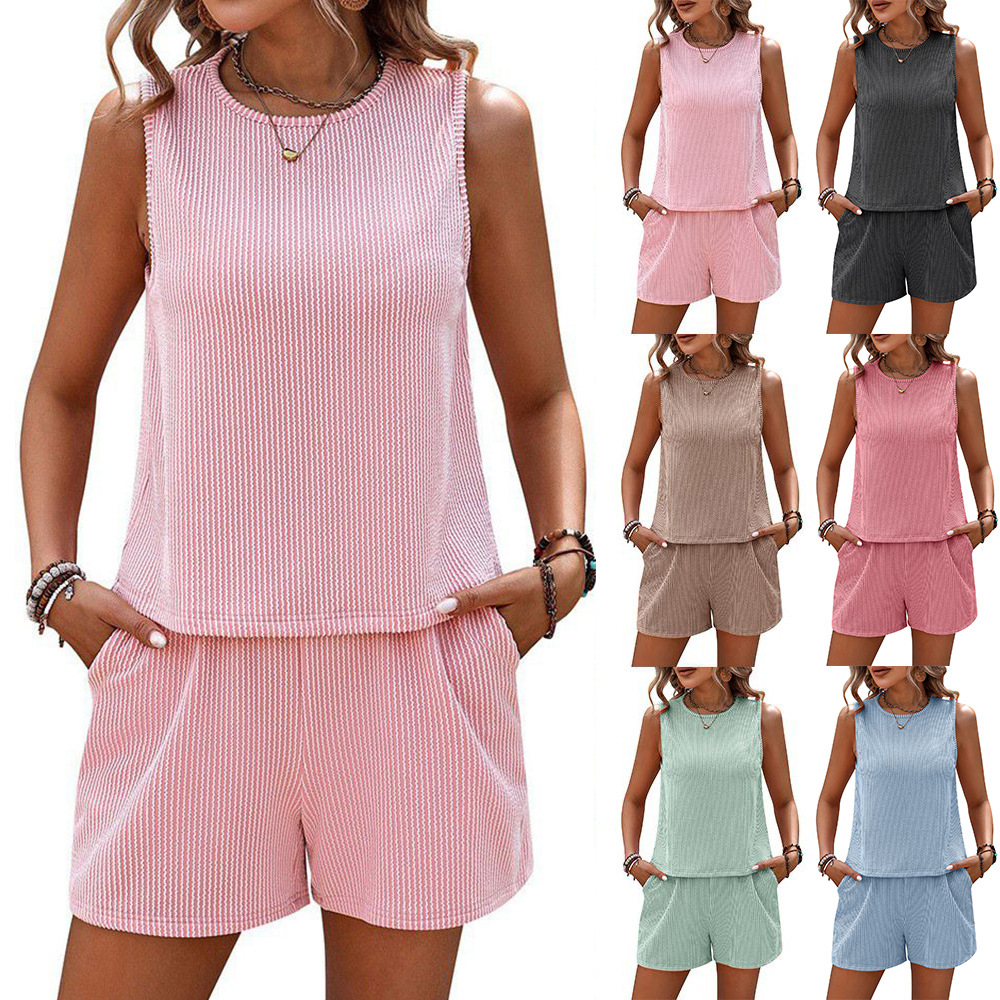 2024 Summer New Amazon European and American Women's Twisted Sleeveless Vest Shorts Striped Two-piece Suit