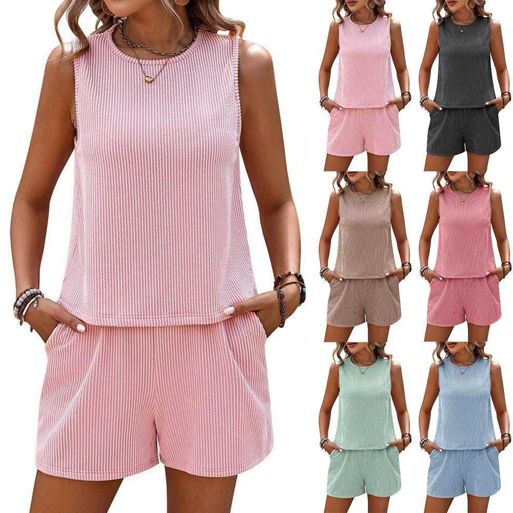 2024 лето новый Amazon, европейская и американская женская одежда скручивание без рукавов жилет шорты в полоску из двух частей