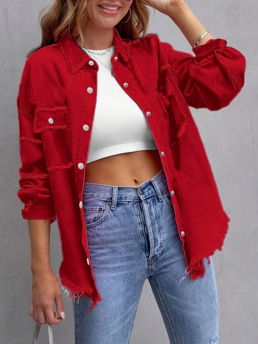 Women's Simple Daily Long Sleeved Fringed Denim Jacket Loose