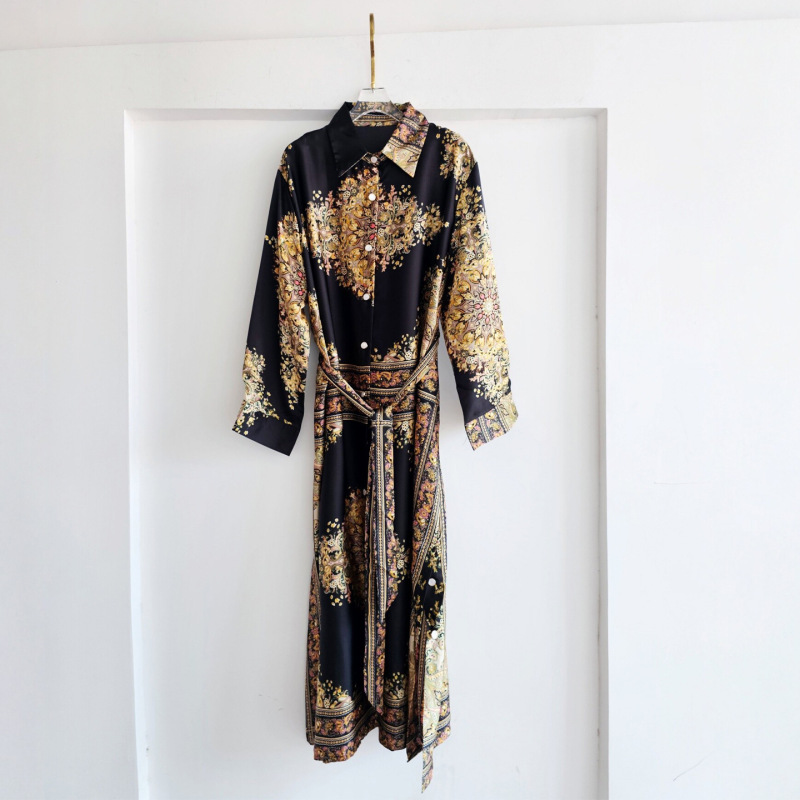 Blooming Floral Exotic French Resort-Style Dress for Women, Long-Sleeved, Lapel Collar, Tie-Waist, Mid-Length Dress, Elegant Outfit