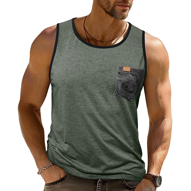 2025 Summer New Cross-border European and American Men's Sleeveless Printed Vest Foreign Trade Loose Pocket Fitness Sports Top 2025 Summer New Cross-border European and American Men's Sleeveless Printed Vest Foreign Trade Loose Pocket Fitness Sports Top