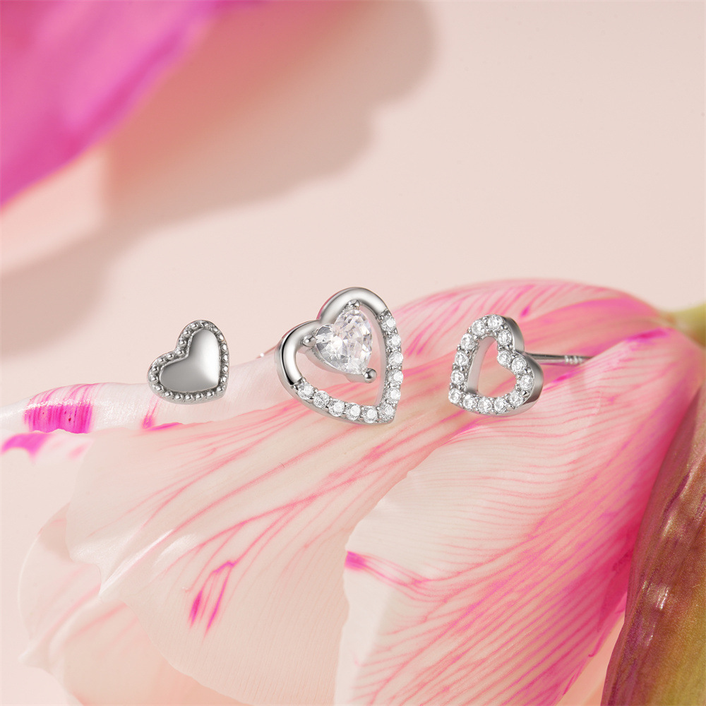Holiday, Daily Occasion 3 Pieces Set 925 Sterling Silver Zircon Heart Shape Ear Studs
