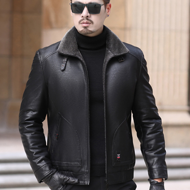 Haining chaqueta de mediana edad y ancianos abajo chaqueta de cuero casual de los hombres Chaqueta corta solapa engrosada chaqueta de piel de oveja moda