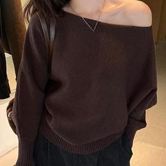 山力达迪女装一字领露肩软糯毛衣2025秋季新款纯色套头针织衫花灰