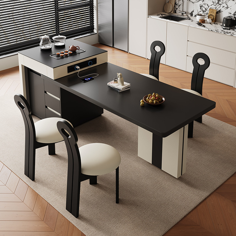 Light Luxury Island Dining Table and Chair Combination Retractable Classy Retro Slate Dining Table Tea Table Mid-century Style Home All in One