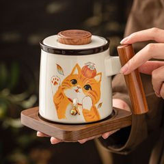 创意铃铛猫陶瓷马克杯带盖茶水分离杯子大容量办公室泡茶杯喝水杯