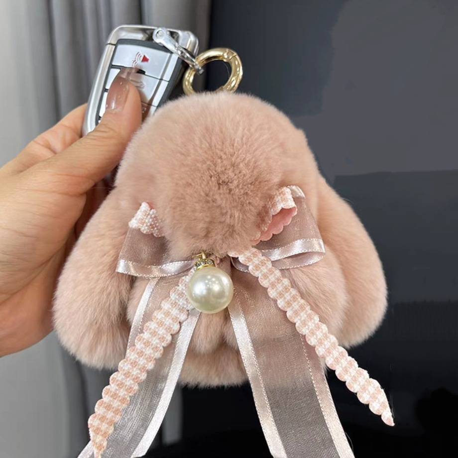 Cute conejo real peludo arco perla pequeño conejo llavero de coche colgante muñeca de peluche bolsas colgante