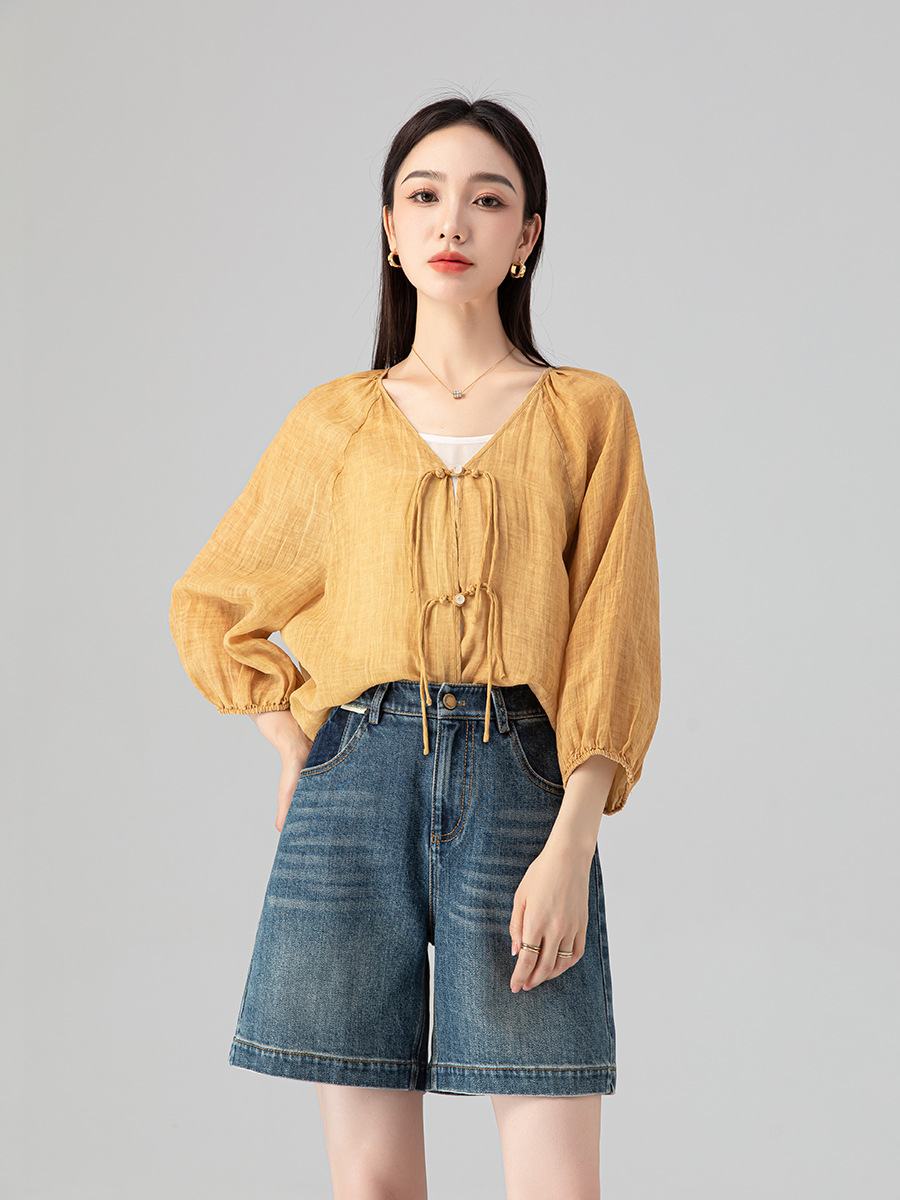 Áo sơ mi chống nắng dáng rộng phong cách Trung Quốc mới vải gai Tencel nữ mùa hè — Màu trà ngọt ngào