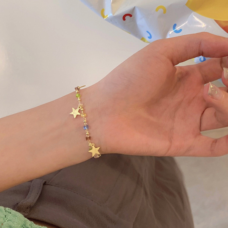 Five-Colorful Crystal Beaded Star Bracelet for Girls Ins Design Student Simple Hand Jewelry Summer Cool Accessories