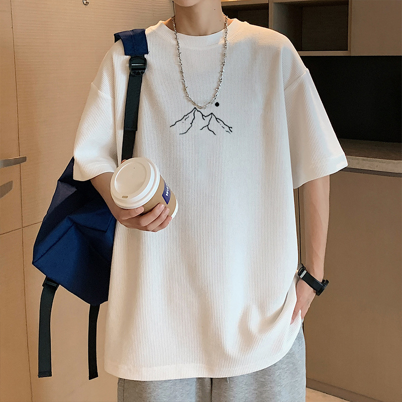 Waffle manga corta hombres marca de moda japonés verano camiseta oversize Ruan guapo simple fresco ropa pesada
