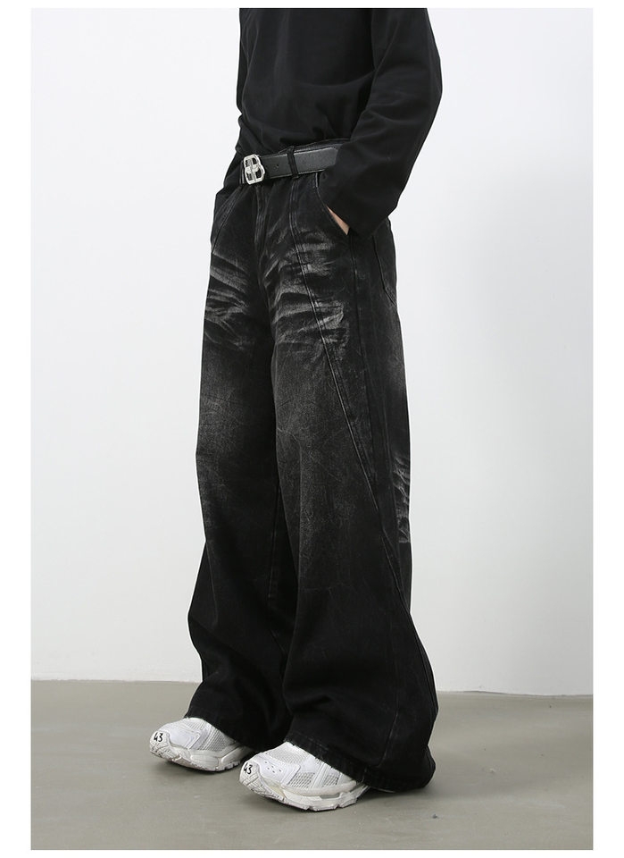 Quần jean nam ống đứng rộng rãi phối mảng giải cấu trúc, denim giặt nước — Đen xám chi tiết 11