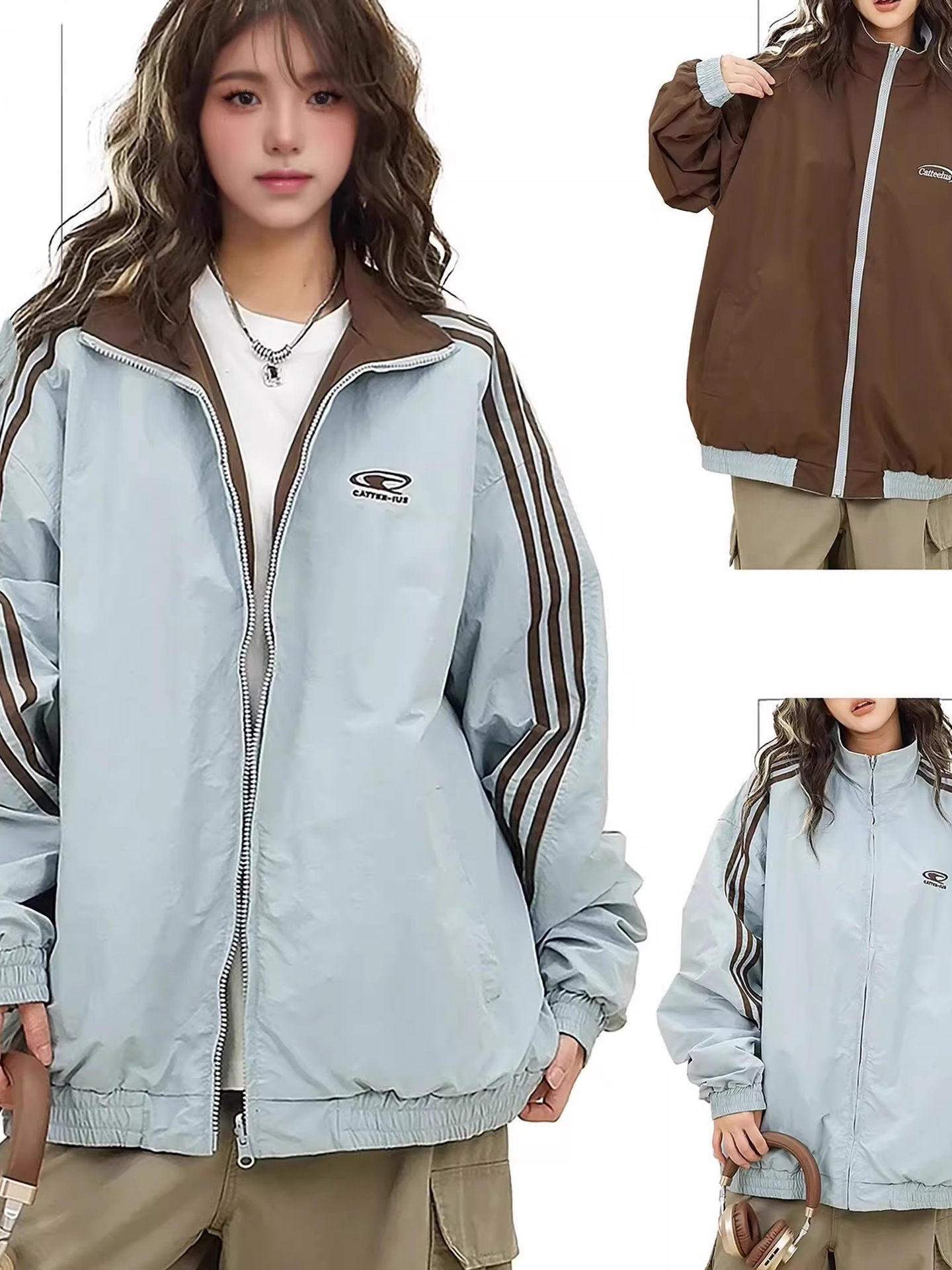 Kişi və qadın üçün zolaqlı reversiv bomber jaket