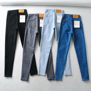 European and American elastic tight high waist slimming denim pants women's autumn hip lifting pencil pants women's washed pencil pencil pants