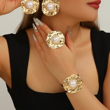 欧美跨境热卖女士时尚开口经典优雅珍珠饰品手镯戒指耳环首饰套装