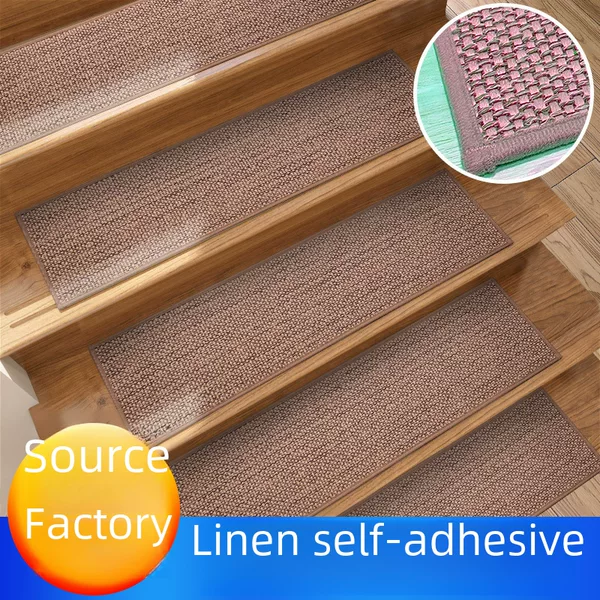Amazon Custom-Made Glue-Free Self-Adhesive Stair Step Mats, Imitation Linen Non-Slip Stair Mats, Solid Wood Step Protection Mats