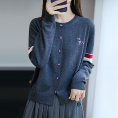 【厂家直供】圆领拼色短款针织毛衣外套女宽松洋气秋季外穿上衣潮