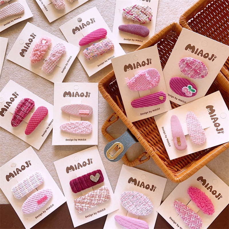 Korean Children's Early Autumn Fabric Pink Geometric Baby Clip Girl's Side Bangs Clip Plaid Hairpin2 Pieces