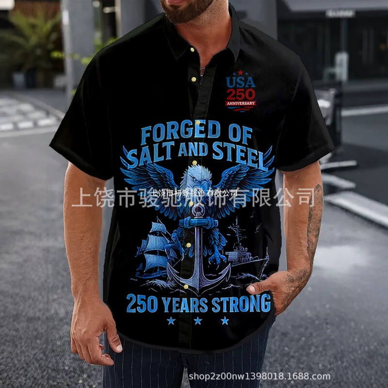 Directly from the source factory: American retro-style navy print shirts, loose-fitting, short-sleeved tops with a turn-down collar, wholesale Directly from the source factory: American retro-style navy print shirts, loose-fitting, short-sleeved tops with a turn-down collar, wholesale
