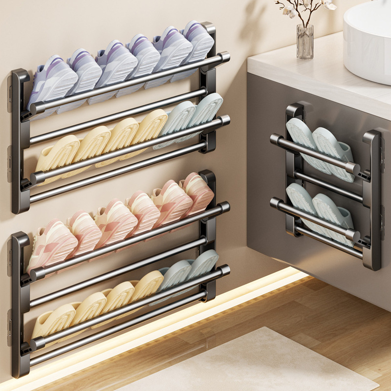 Bathroom Slipper Rack Wall-mounted Non-perforated Toilet Door Rear Shoe Rack Draining Multi-layer Folding Shoe Storage Rack