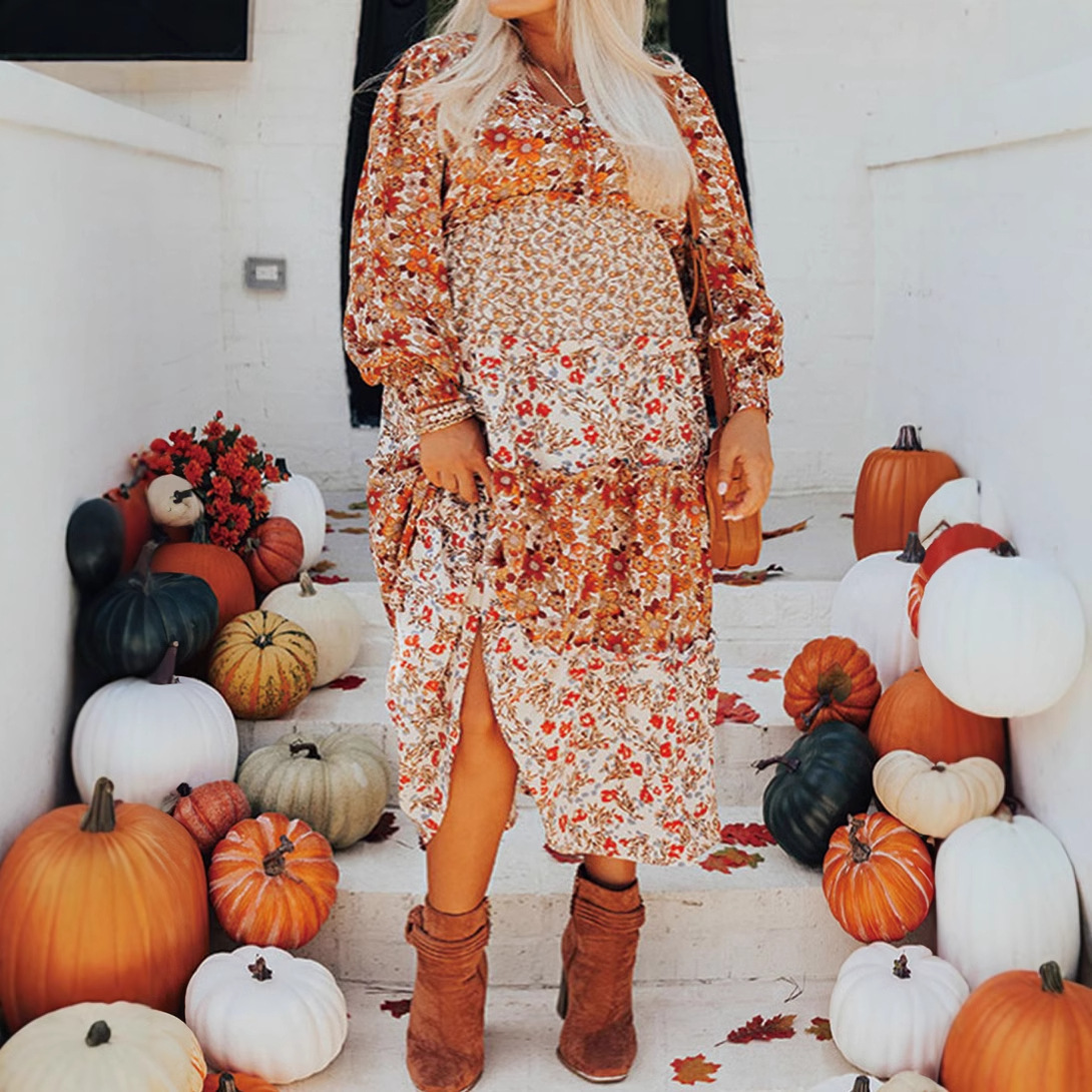 Shiying Autumn New Pullover V-Neck Long Sleeve Dress Women's European and American Casual Style Floral Print High Waist Long Dress Women
