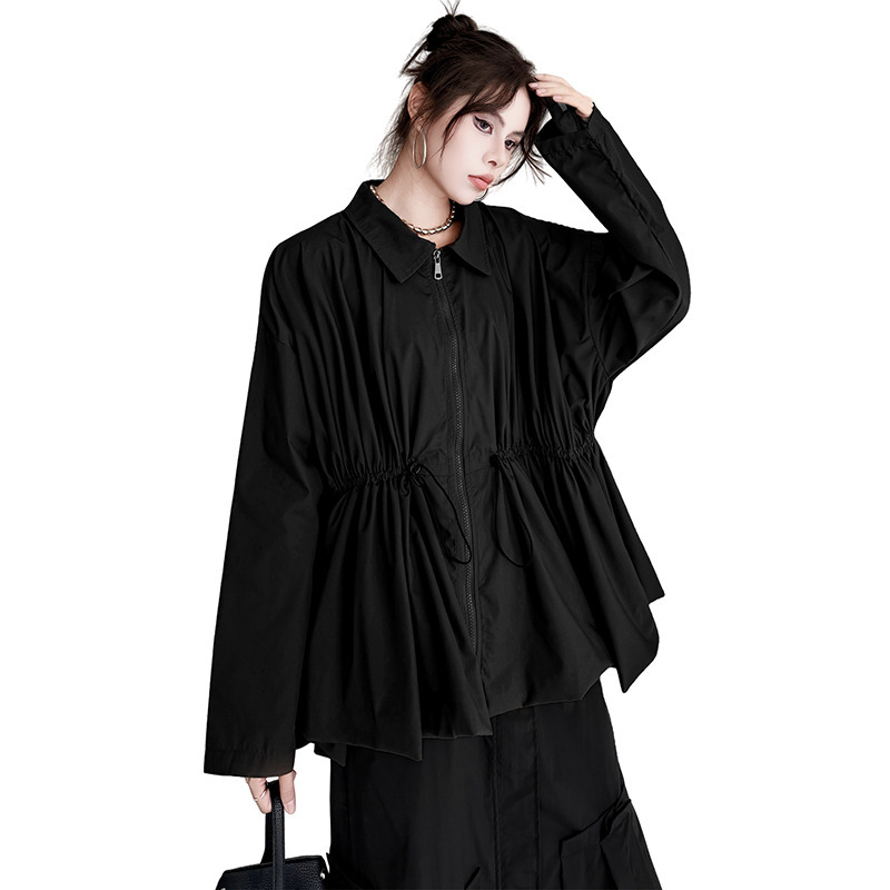Melard Style Pleated Drawstring Waist Shirt Jacket for Women, Autumn Season, Turn-Down Collar, Zipper, Loose Oversized Thin Top