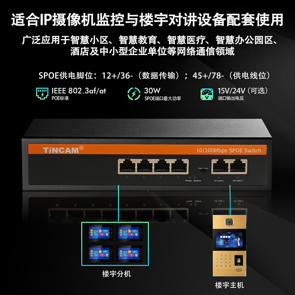 天博楼宇4/6/8/16/24口多种百千兆SPOE交换机15V24VPOE交换机