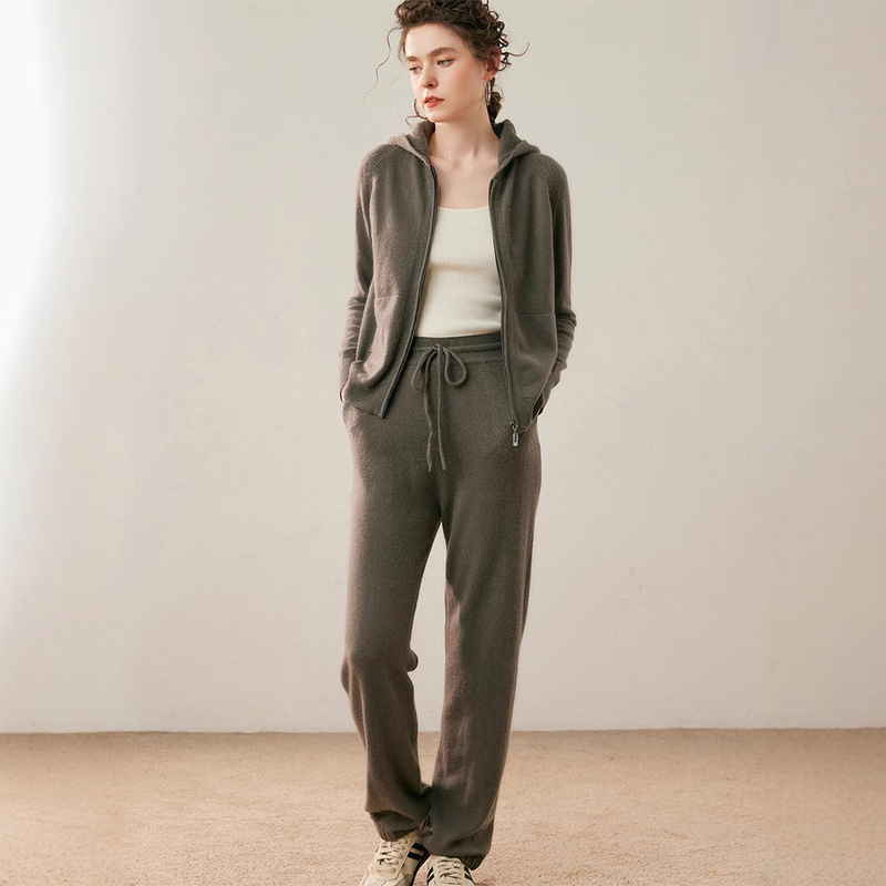 Zipper Hooded Cashmere Cardigan Jacket Knitted Two-Piece Casual Suit Women's Autumn and Winter Straight Pants New White