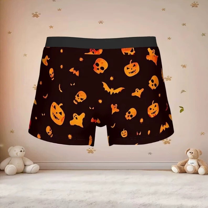 Halloween men's boxer briefs with pumpkin, skull, bat, and ghost prints, trendy four-corner underwear, factory can ship on behalf Halloween men's boxer briefs with pumpkin, skull, bat, and ghost prints, trendy four-corner underwear, factory can ship on behalf