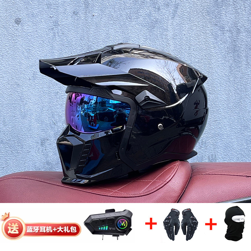 Orz Summer Retro Casco Four Seasons Black Warrior Combination Casco Hombre Motocicleta Half Casco Full Casco Locomotora Hombres y mujeres