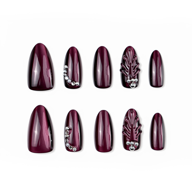 30 Pieces of Cross-Border 3D Three-Dimensional Dark Purple Cat-Eye Almond-Shaped Press-On Nails, Solid Color French Style High-End Nail Tips, Wholesale