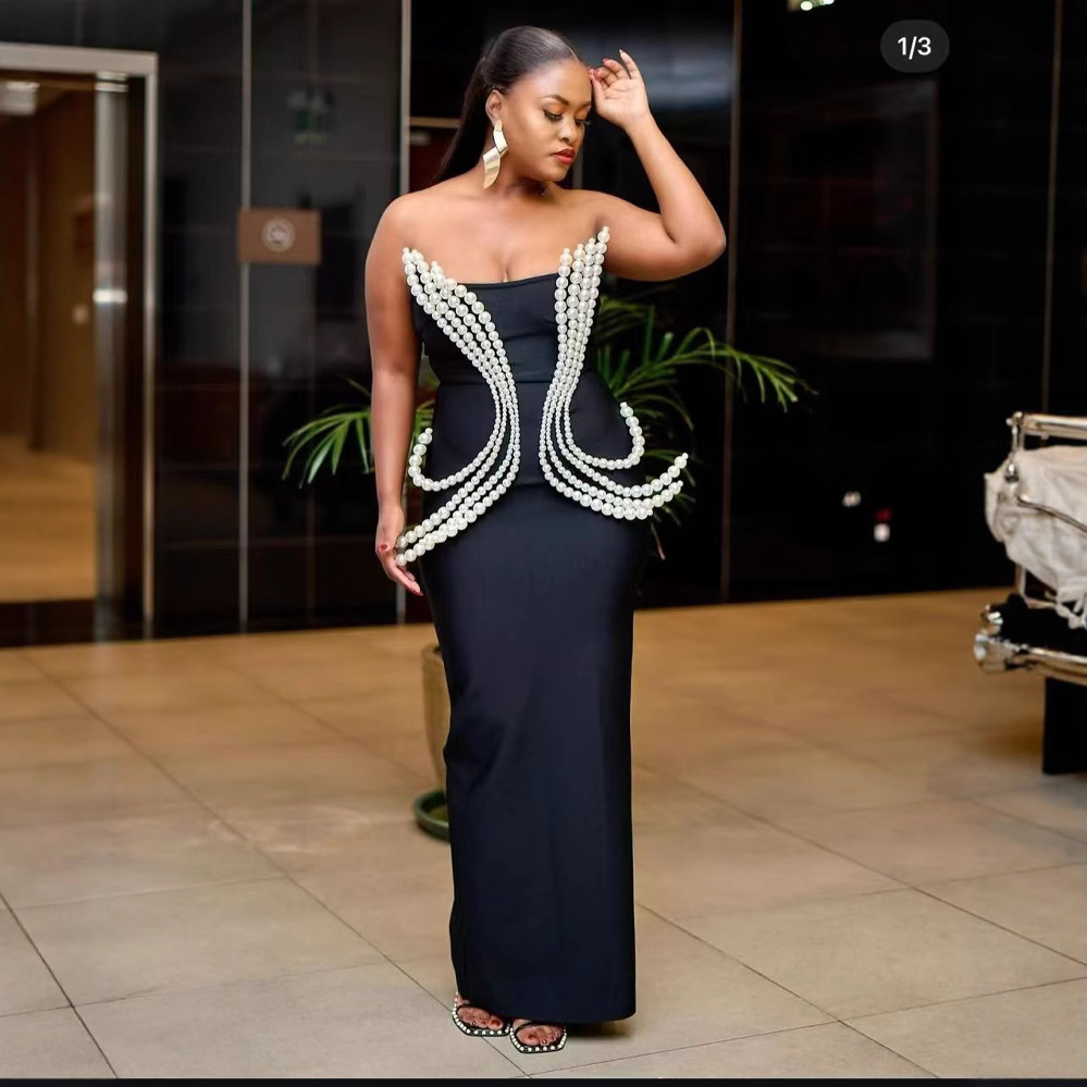 新款欧美珍珠抹胸绷带裙优雅连衣裙派对晚宴性感奢华优雅晚礼服