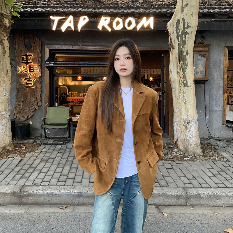 棕色西装外套女2025秋新款麂皮绒复古美拉德设计感小个子上衣百搭|undefined