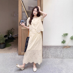 夏日薄款设计感镂空亮片短袖上衣2025新款休闲半身裙气质女士套装