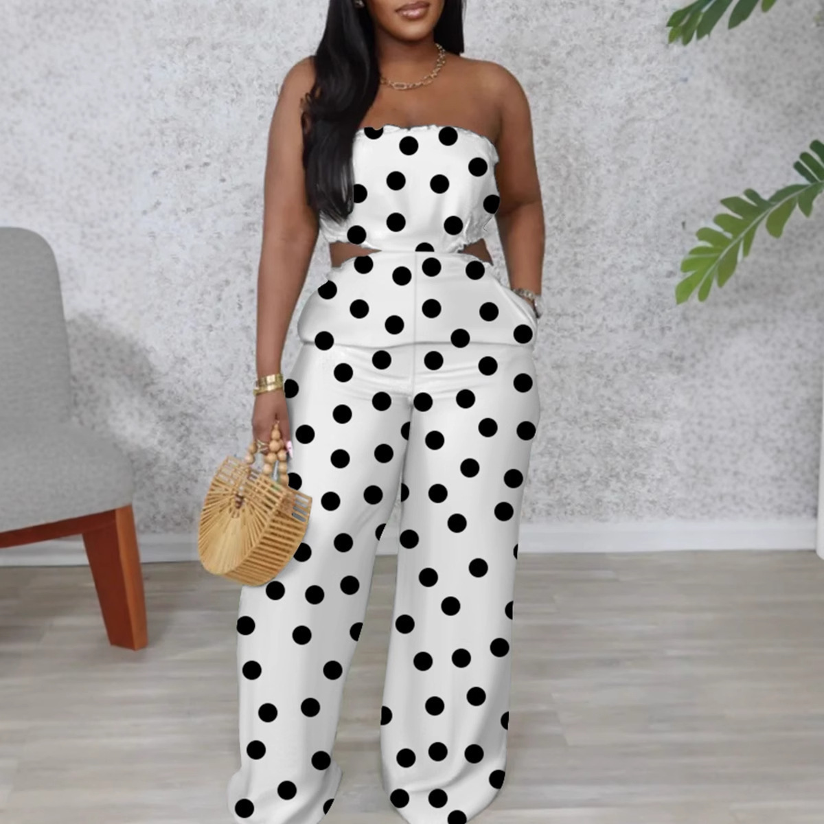 Elegant Strapless Printed Jumpsuit For Women Wide Leg Bottoms Casual Summer Polyester Thin Comfortable_ecoleips.com