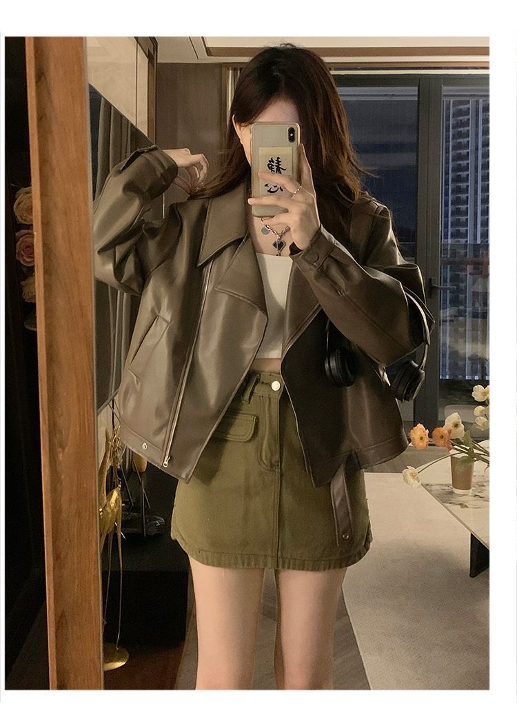 Brown Pu Leather Jacket for Women, Spring and Autumn 2025 New Loose Hong Kong Style Petite Short Motorcycle Jacket Top