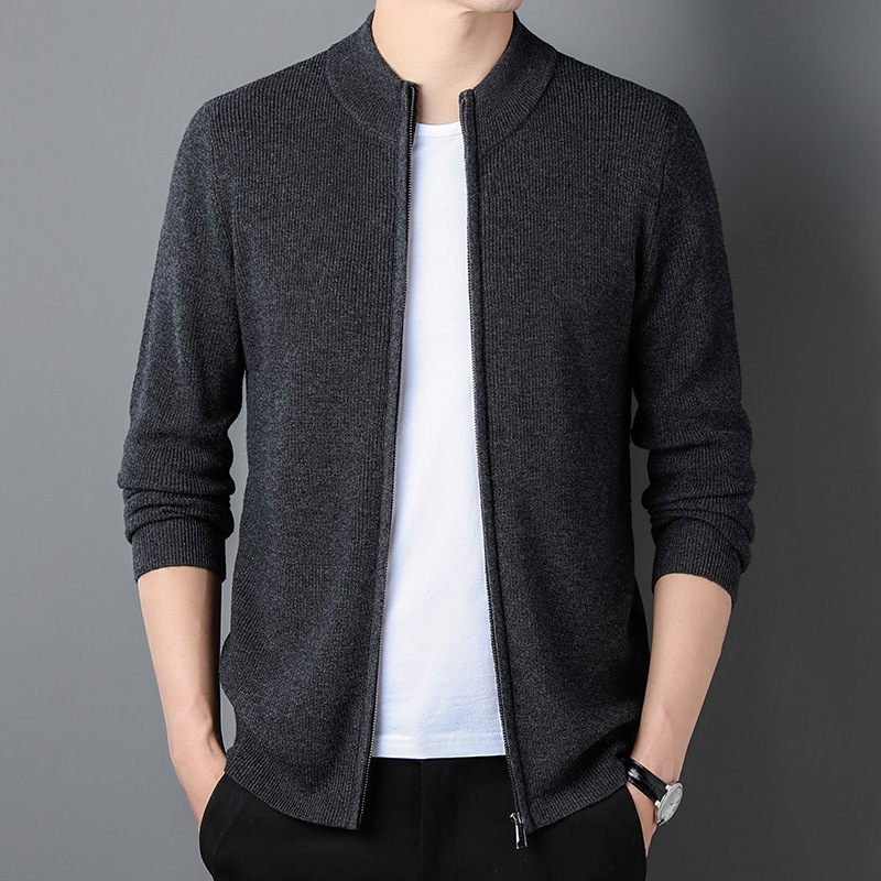 Men's Wool Coat New Striped Stand Collar Wool Sweater Long Sleeve Zipper Knit Trendy Cardigan Wholesale