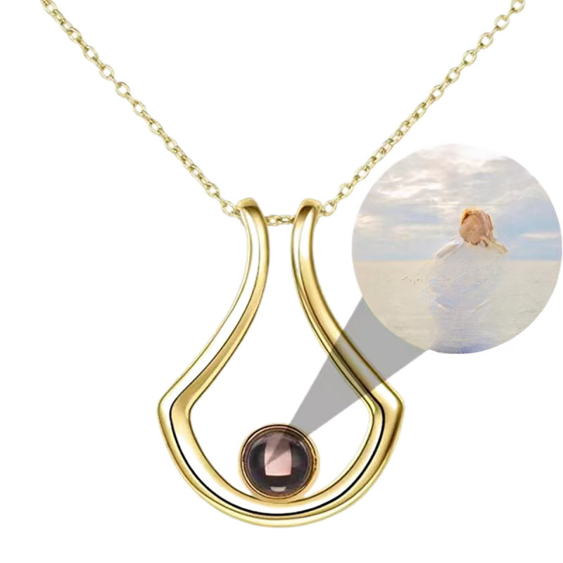 亚马逊新款 简约U型投影100种语言项链女 时尚不锈钢扇形锁骨链吊