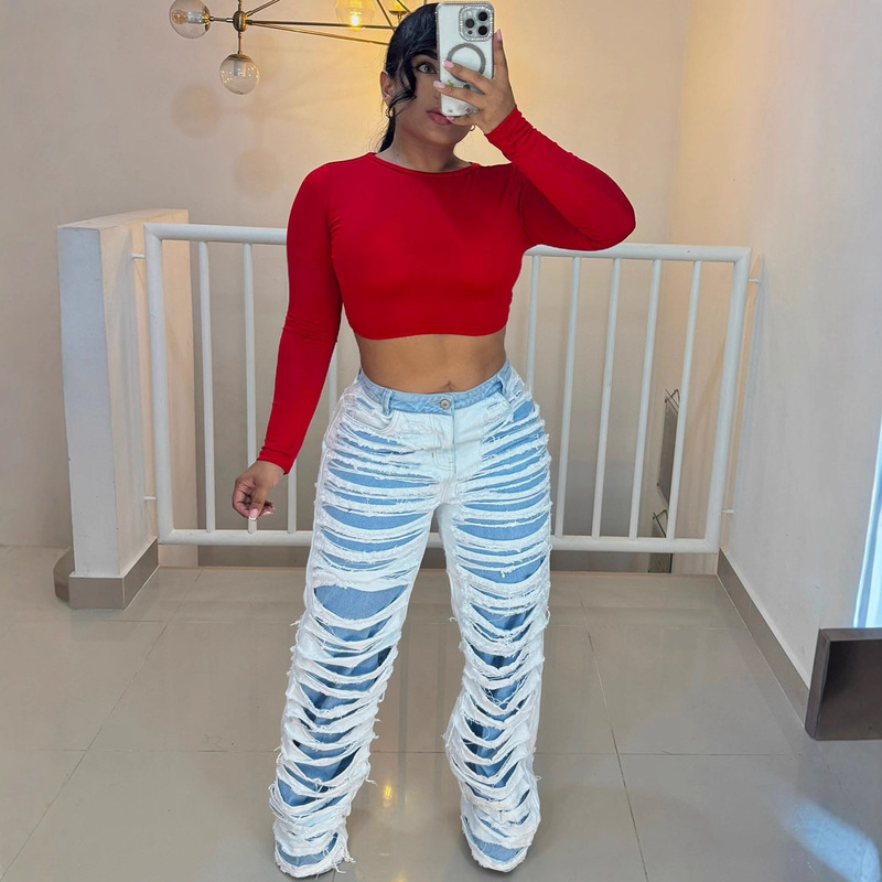 European and American Style Straight-Leg Jeans Amazon Cross-Border Foreign Trade Women's Fashion Double-Layer Washed Distressed Casual Long Pants