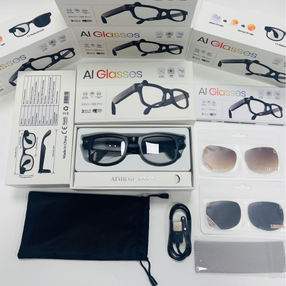 Cross-border AIMB-G2pro shooting glasses with AI intelligent photography, video call translation, anti-shake, 800W high-definition lens