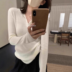 韩系温柔半拉链连帽针织衫女秋冬内搭慵懒修身打底毛衣设计感上衣